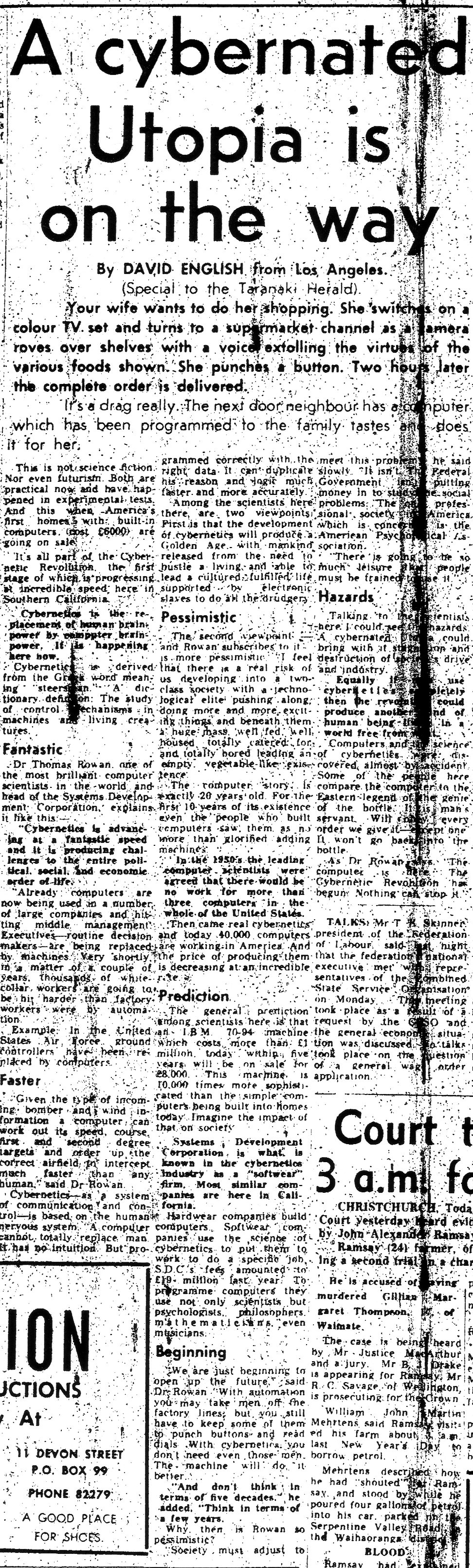 A Cybernated Utopia Is On The Way - Taranaki Herald (29-11-1967)
